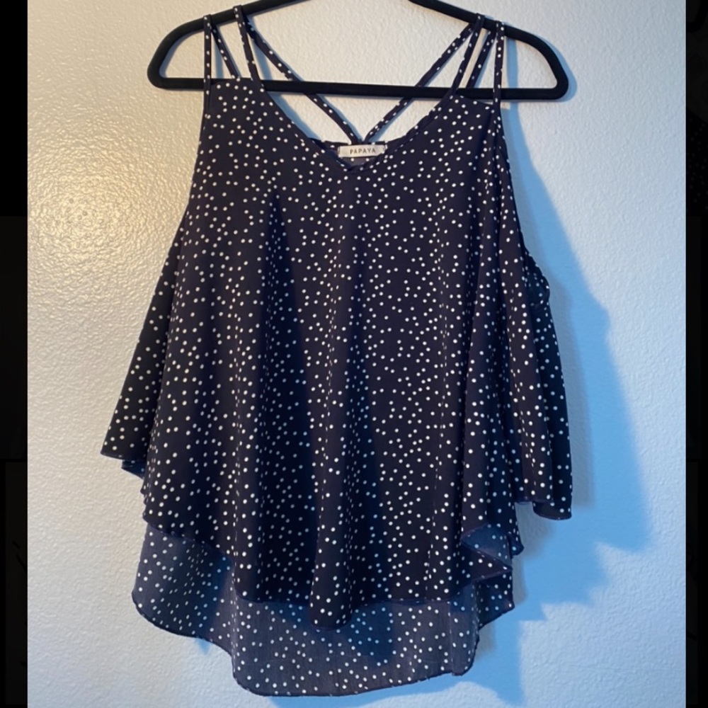 Navy Polka Dot Papaya Open Shoulder Blouse